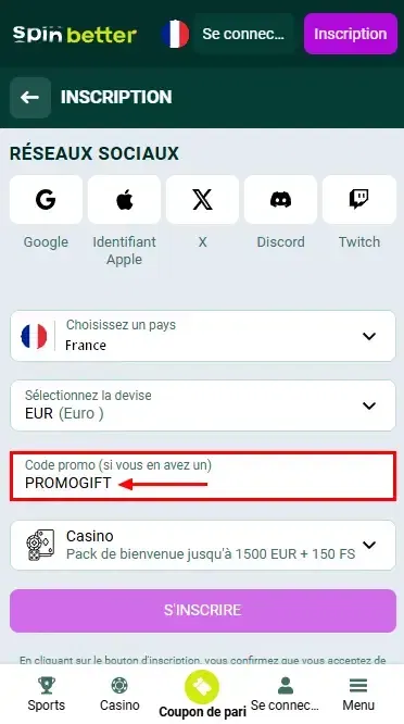 Code promo Spinbetter France