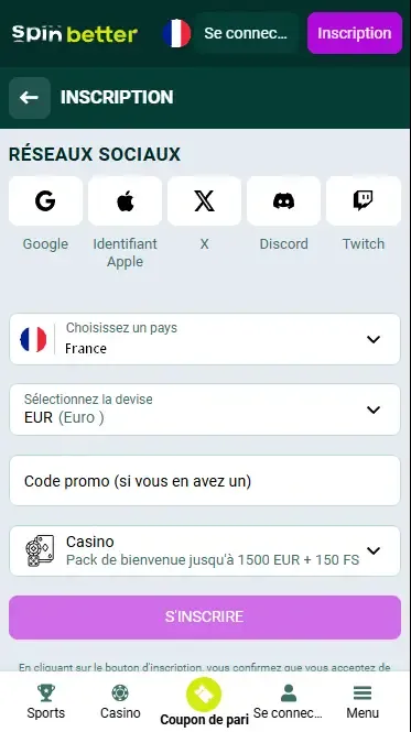Inscription Spinbetter France via les réseaux sociaux
