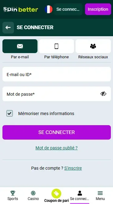 Connexion à Spinbetter France par e-mail