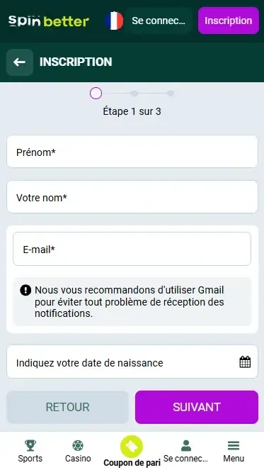 Inscription sur Spinbetter par e-mail en France