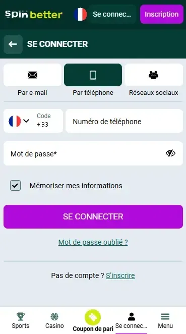 Connexion Spinbetter France via numéro de téléphone