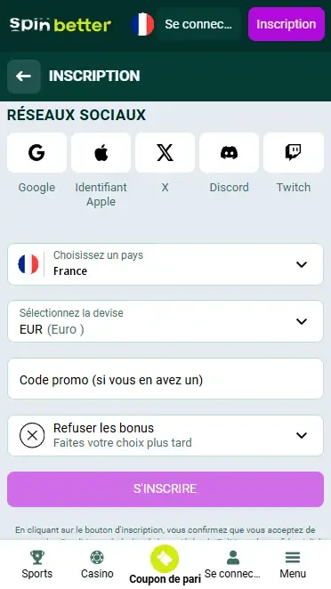 Inscription Spinbetter via les réseaux sociaux