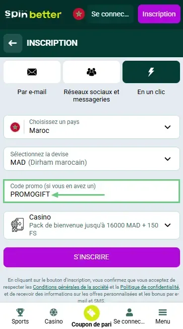 Code promo Spinbetter Maroc