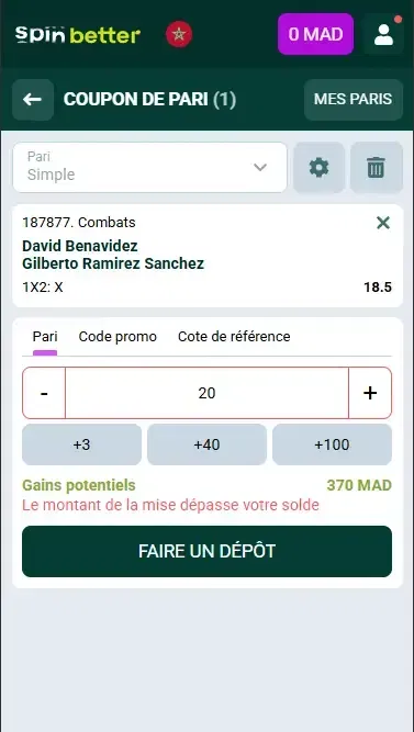 Coupon de pari boxe Spinbetter