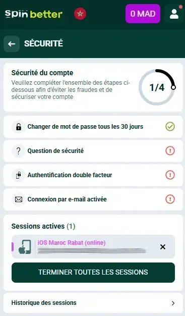 Protection du compte Spinbetter Maroc