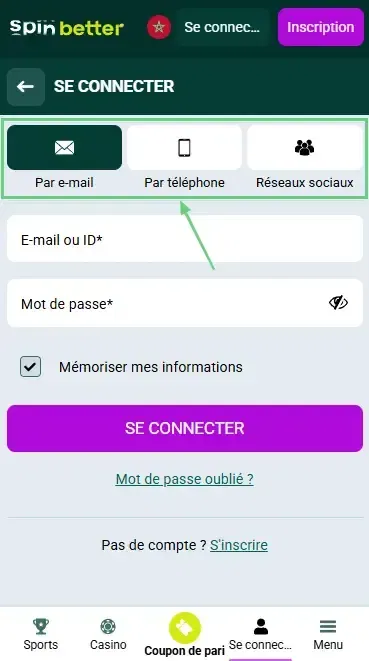 Spinbetter MA : moyens de se connecter