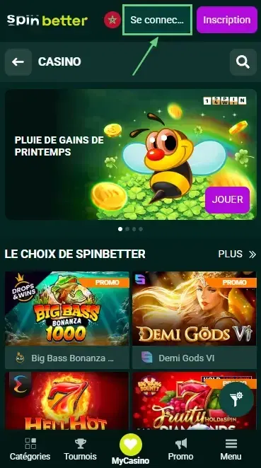 Bouton de connexion Spinbetter Maroc