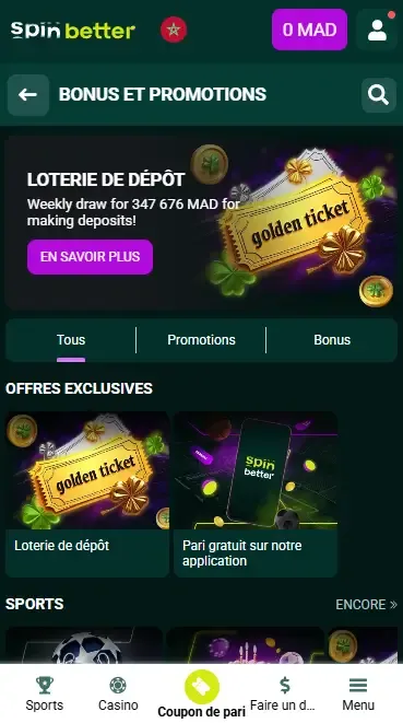 Bonus de dépôt Spinbetter Maroc