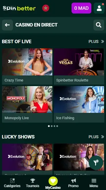 Spinbetter Maroc : Casino en direct