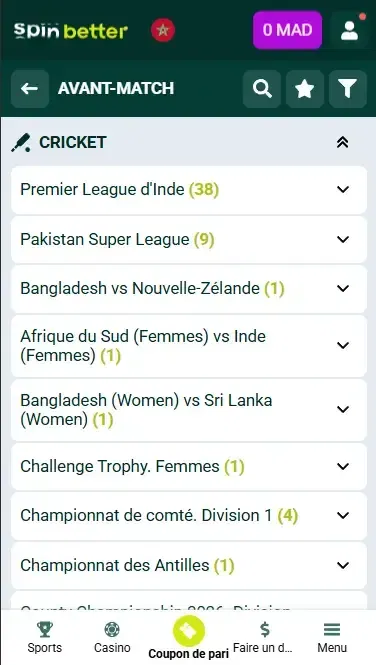 Spinbetter Maroc Matchs et événements de cricket