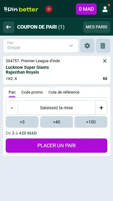 Spinbetter Maroc : Coupon de pari cricket