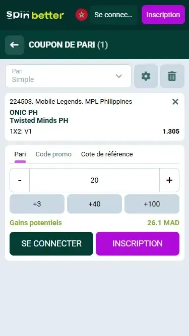 Spinbetter Maroc : Coupon de pari eSport
