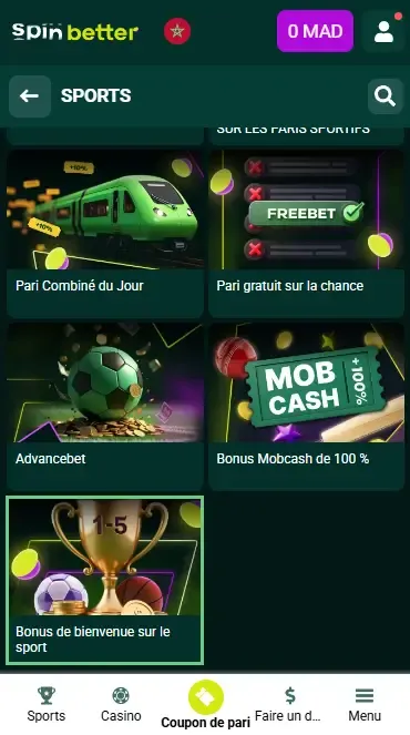 Bonus de bienvenue Spinbetter Maroc