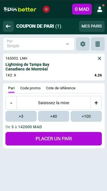 Ticket de pari Hockey Spinbetter Maroc