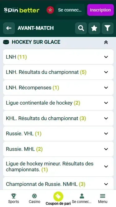 Événements de hockey Spinbetter Maroc