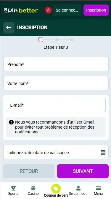 Inscription Spinbetter Maroc par e-mail