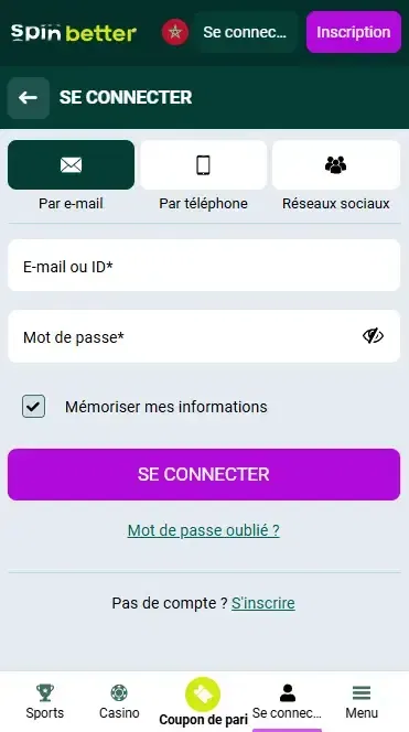 Connexion Spinbetter Maroc via e-mail