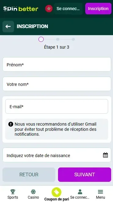 Inscription Spinbetter Maroc par e-mail