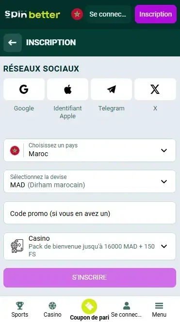 Inscription Spinbetter Maroc via les réseaux sociaux
