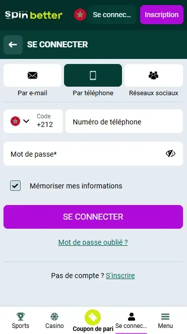 Connexion Spinbetter Maroc via numéro de téléphone