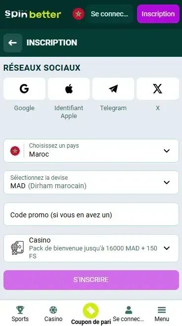 Inscription Spinbetter au Maroc