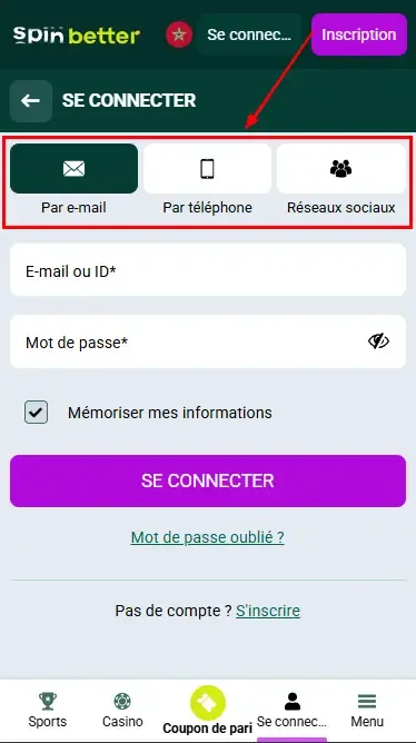 Spinbetter MA : façons de se connecter