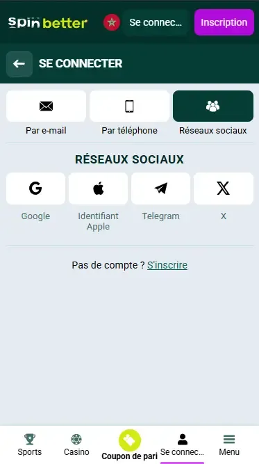 Spinbetter Maroc : Connexion via les réseaux sociaux