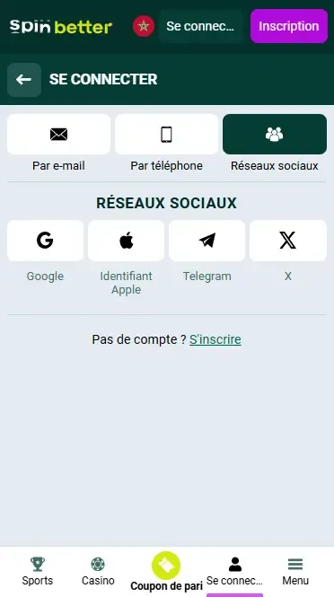 Connexion à Spinbetter Maroc via les réseaux sociaux