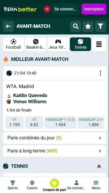 Événements de tennis Spinbetter Maroc