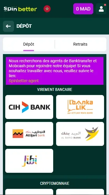 Options de dépôt Spinbetter Maroc