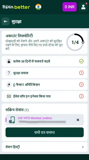Spinbetter IN: खाता सुरक्षा