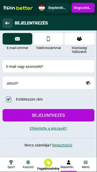 Spinbetter bejelentkezés e-maillel Magyarországon