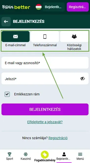 Spinbetter HU: Bejelentkezési módok
