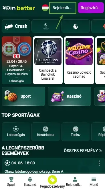 Spinbetter Magyarország bejelentkezés gomb