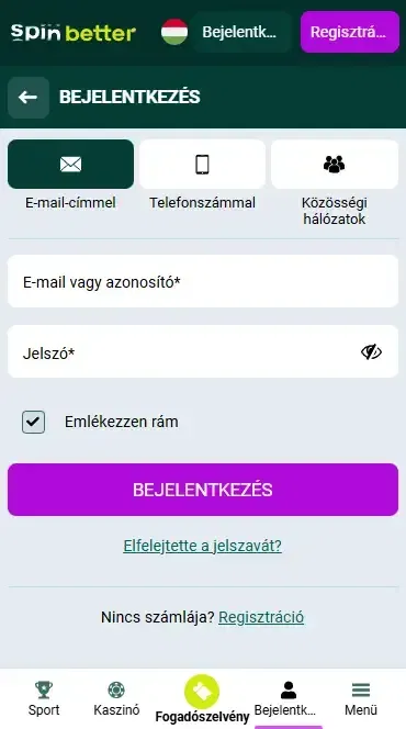 Spinbetter bejelentkezés e-maillel Magyarországon