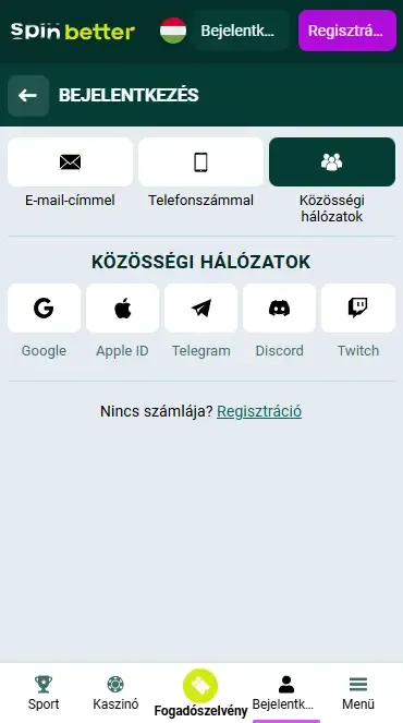 Spinbetter HU bejelentkezés közösségi hálózaton keresztül