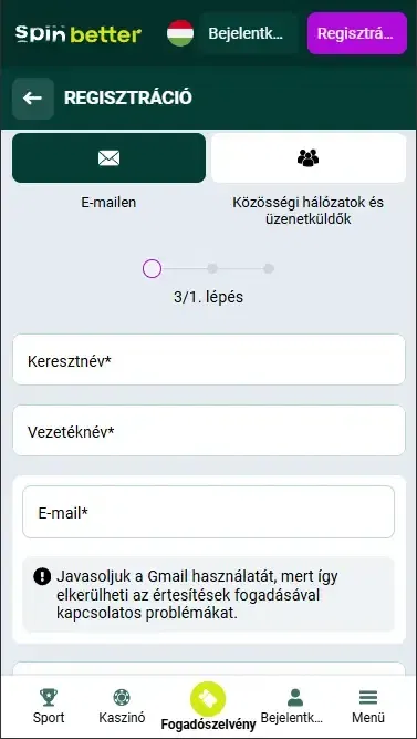 Spinbetter Magyarország: Regisztráció e-maillel