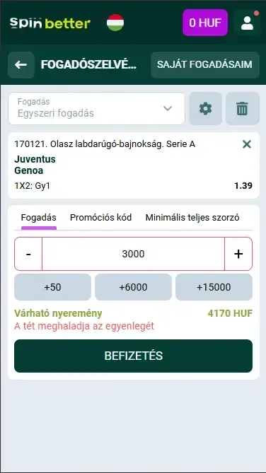 Fogadás indítása a SpinBetteren