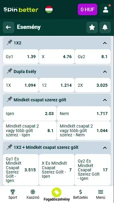 Spinbetter fogadási piacok
