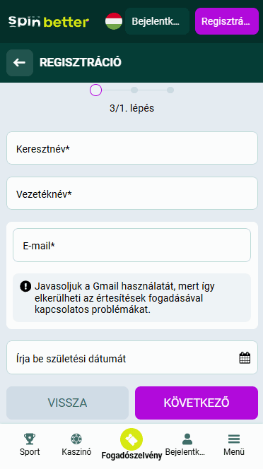 Spinbetter Regisztráció Emailen keresztül
