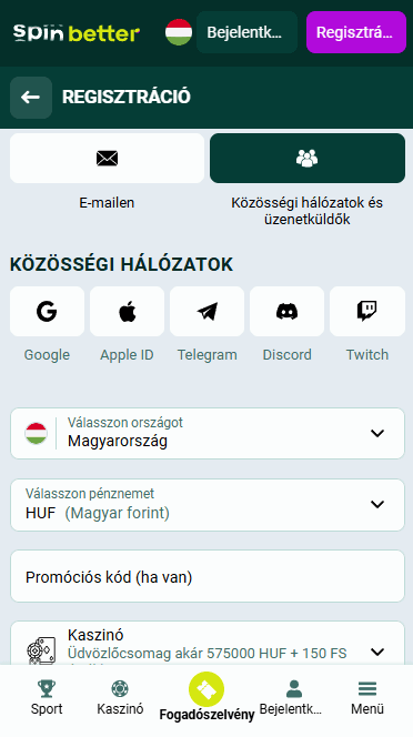 Spinbetter Regisztráció Közösségi Hálózatokon keresztül
