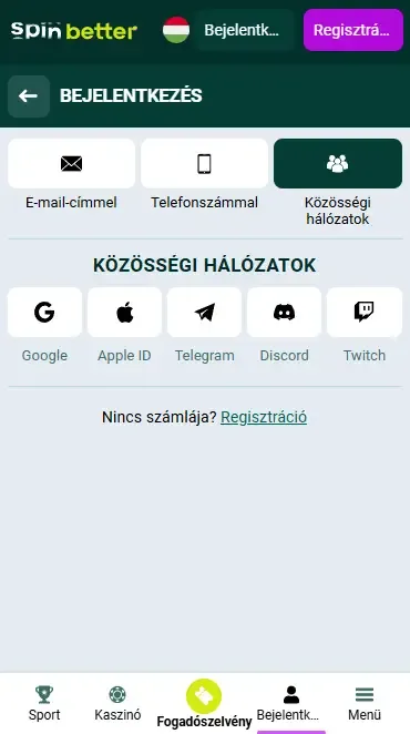 Spinbetter Magyarország: Bejelentkezés közösségi oldalakon keresztül