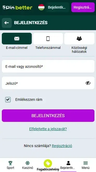 Spinbetter Magyarország: Bejelentkezés e-maillel