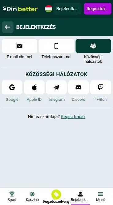 Spinbetter bejelentkezés közösségi hálózatokon keresztül Magyarországon