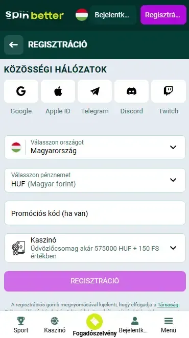 Spinbetter regisztráció közösségi hálózatokon keresztül