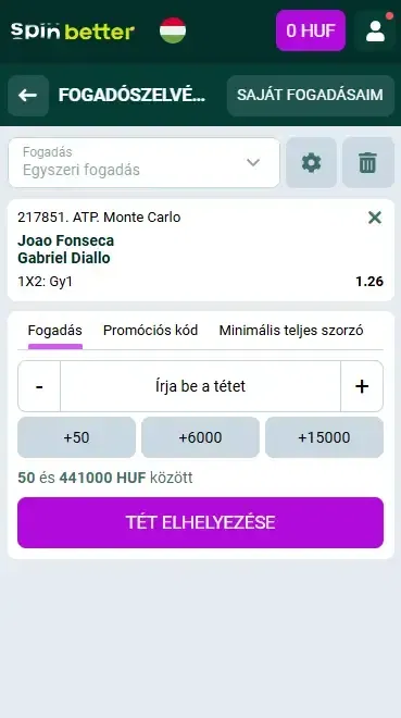 Spinbetter Magyarország: Fogadószelvény