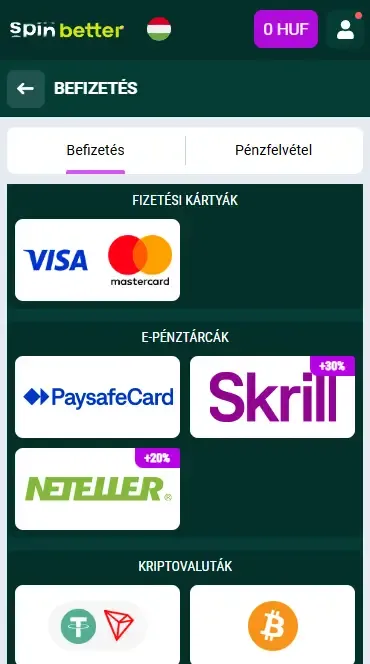 Spinbetter Magyarország befizetési lehetőségek