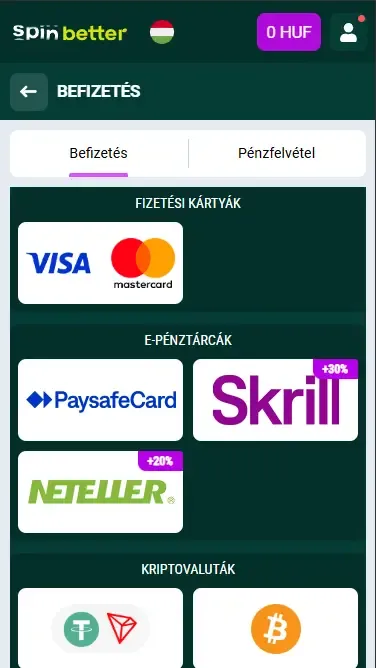Spinbetter befizetési lehetőségek Magyarországon