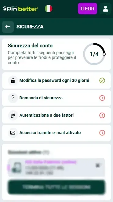 Protezione dell'account Spinbetter Italia