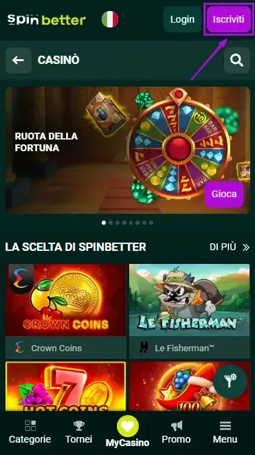 Pulsante di accesso Spinbetter Italia